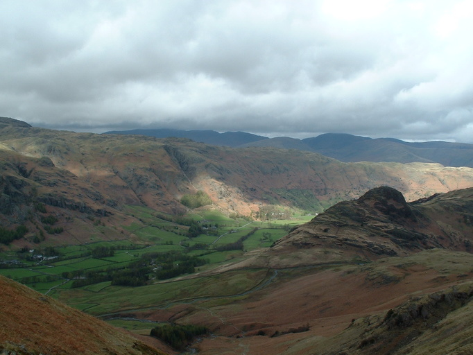 View over Great Langdale.  The campsite is in the trees at bottom left third.