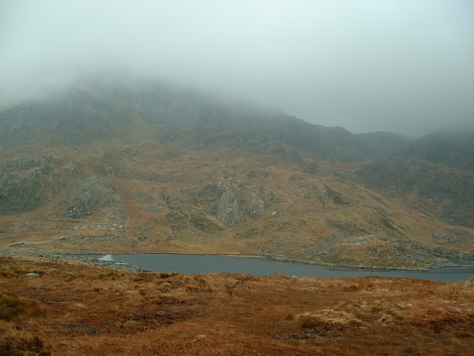 Looking up at Tryfan in the clouds