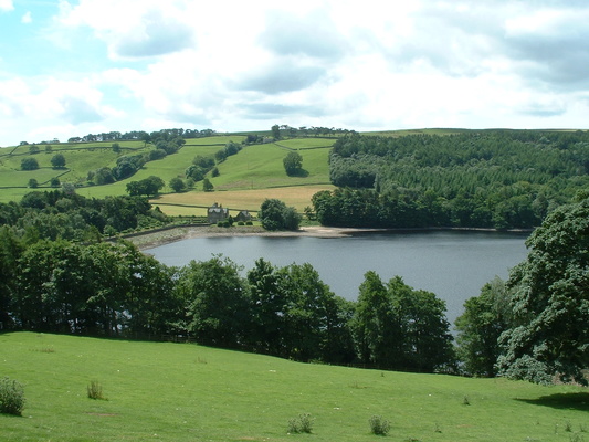 Looking down on the dam at Gouthwaite Reservoir